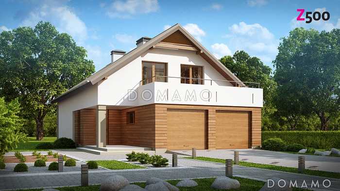 Проект одноэтажного мансардного дома из газобетона с крытой угловой террасой и большой открытой террасой над гаражом