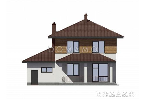 Проект двухэтажного дома с гаражом, террасой и тремя спальнями на втором этаже / Фасад 3