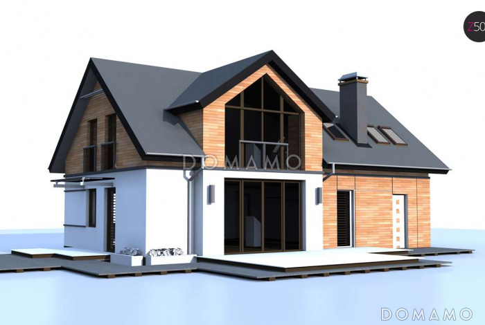 Проект увеличенного одноэтажного мансардного дома из газобетона с гаражом и большим фронтонным окном