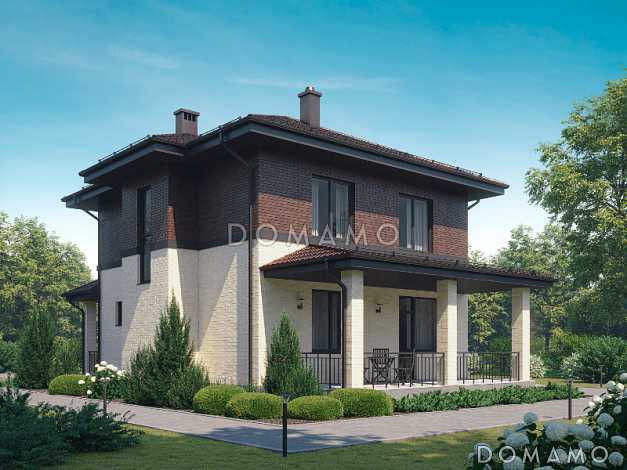 Проект дома из газобетона с крытой террасой, совмещенной кухней-столовой и гостиной, комнатой на первом этаже