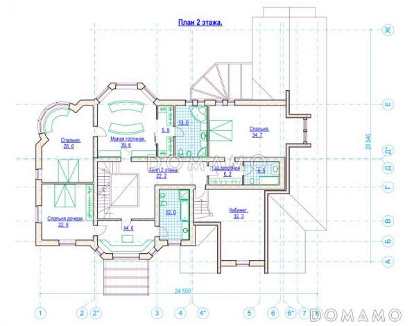 Проект солидного коттеджа с гаражом, сауной и тренажёрным залом / План 2 этажа