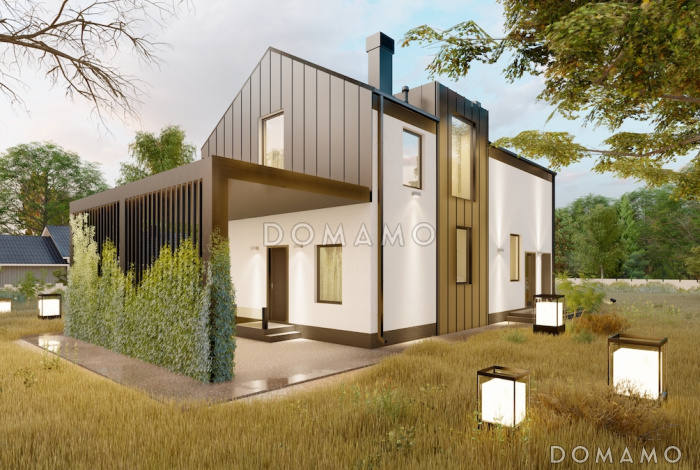 Проект двухэтажного дома из газобетона в стиле барнхаус с навесом для автомобиля и вторым светом