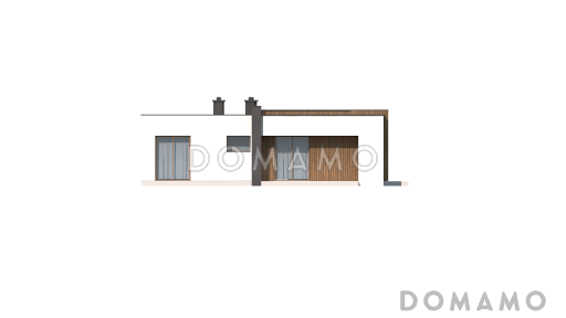 Проект небольшого современного одноэтажного дома из кирпича с плоской крышей с тремя спальнями и гаражом / Фасад 4