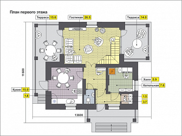 Проект частного дома в европейском стиле, с двумя террасами, мансардными окнами, простой функциональной планировкой / План 1 этажа