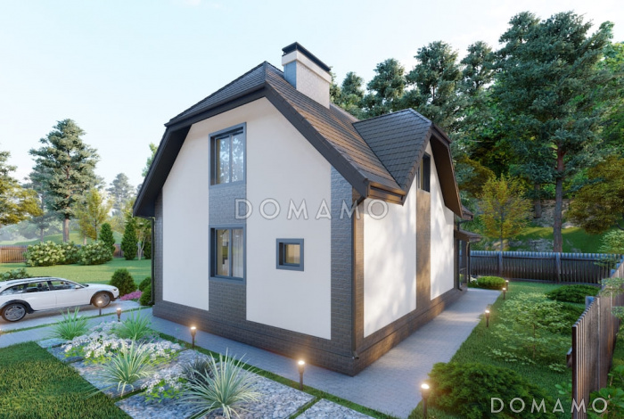 Проект мансардного дома с встроенной сауной, крытой террасой и кабинетом