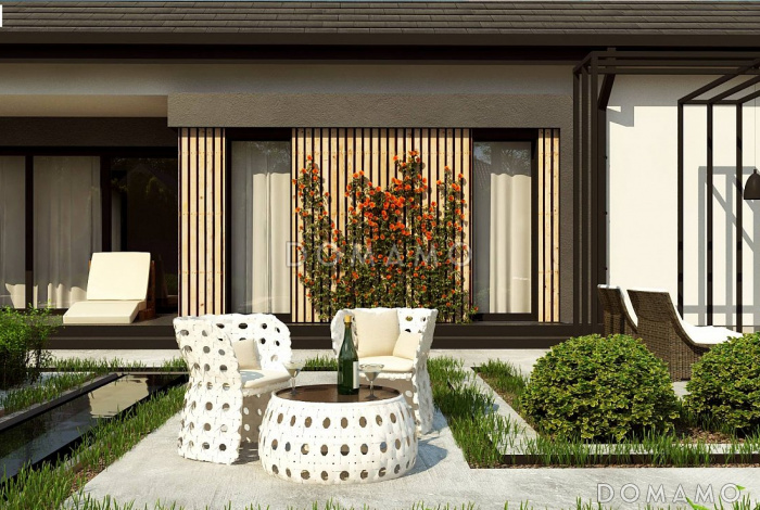 Проект одноэтажного дома с мастер-спальней, просторной гостиной, террасой