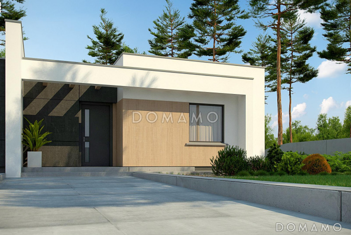 Проект одноэтажного дома в стиле Хай-Тек, с двумя спальнями и приватным санузлом