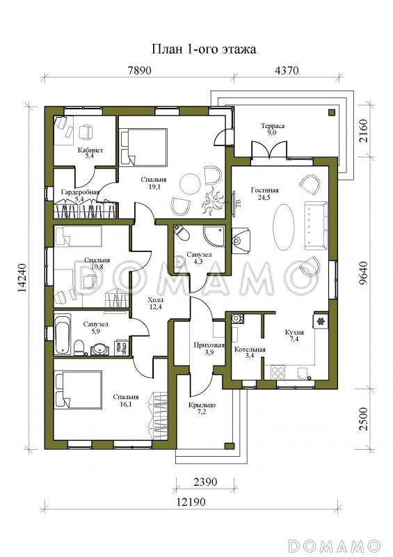Проект одноэтажного дома в стиле хай-тек с тремя спальнями, гостиной и кабинетом / План 1 этажа