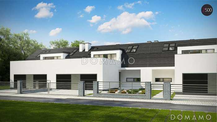 Проект современных мансардных домов-близнецов из газобетона с большим гаражом, открытой террасой на втором этаже и четырьмя спальнями