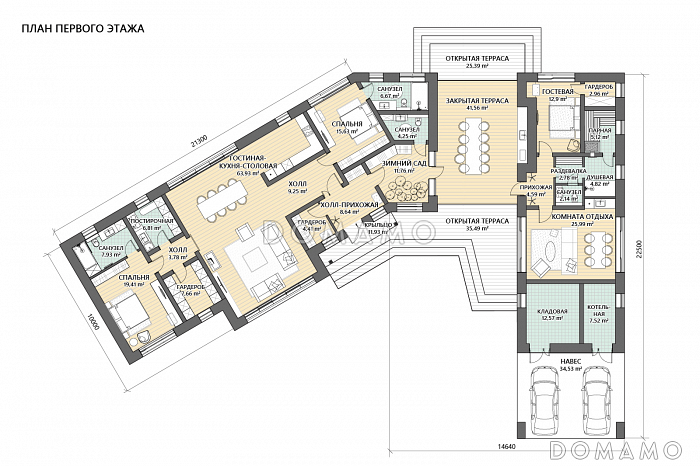 Проект сблокированного дома с мастер-спальней, зоной отдыха и утепленной террасой  / План 1 этажа