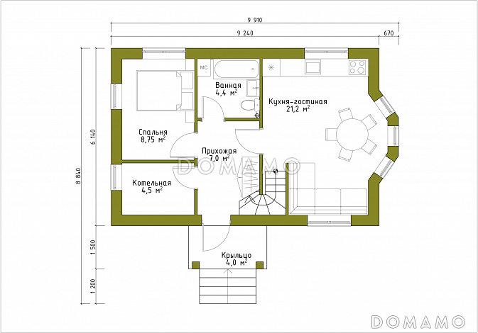 Проект небольшого дома из кирпича с декором из камня / План 1 этажа