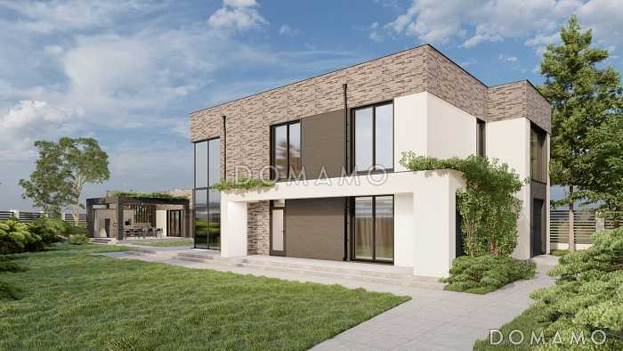 Проект двухэтажного дома в стиле хай-тек с мастерской-гаражом, очень просторной террасой и вторым светом