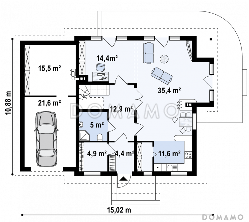 Проект одноэтажного мансардного дома из кирпича с гаражом, эркером и большой площадью остекления в гостиной / План 1 этажа