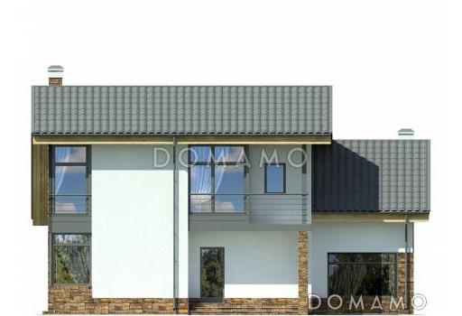 Проект дома с крытой террасой, котельной и хозблоком, спальней на первом этаже, тремя спальнями на мансарде / Фасад 1