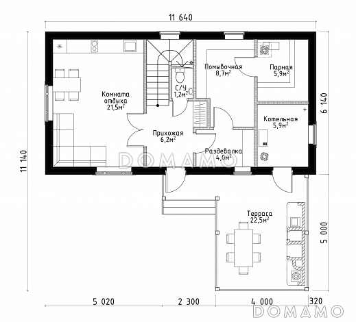 Проект бани с жилой мансардой, террасой и барбекю. / План 1 этажа