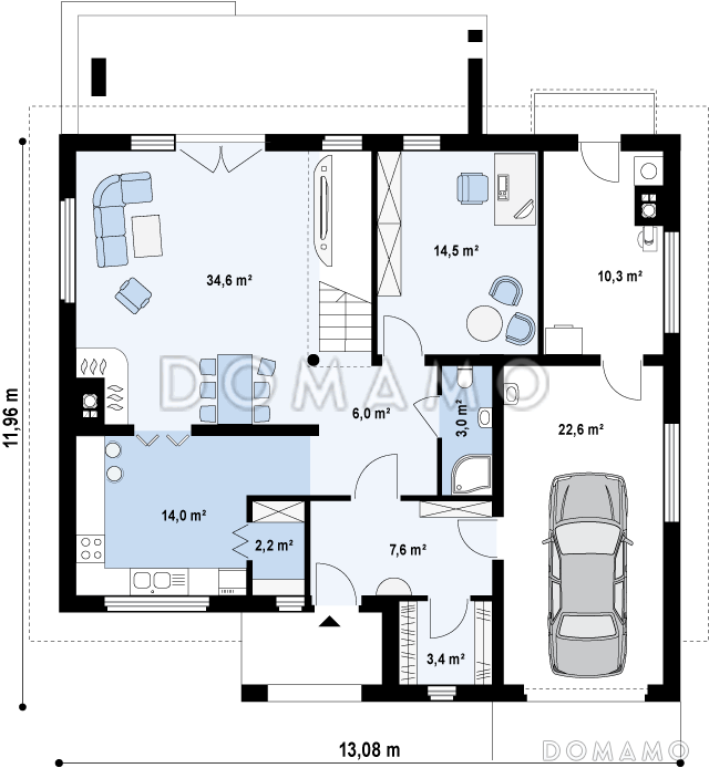 Проект просторного современного двухэтажного дома из кирпича, с пятью комнатами, гаражом и балконом / План 1 этажа