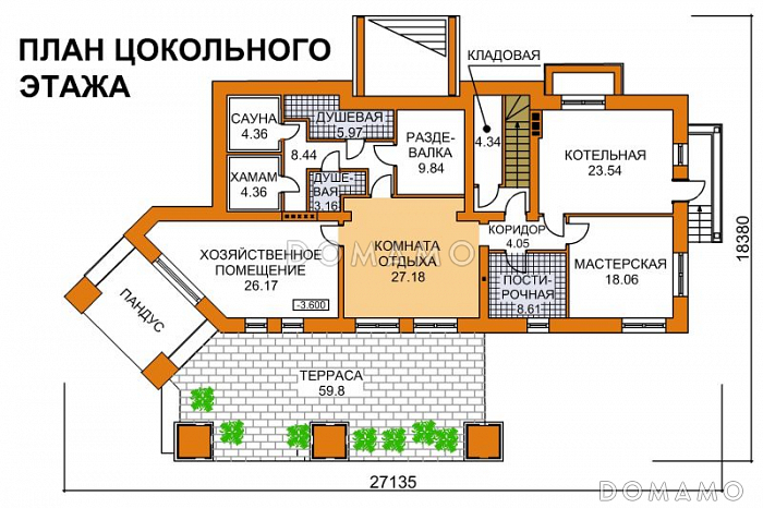 Проект дома современного дома с цокольным этажом для неровных участков / План цокольного этажа