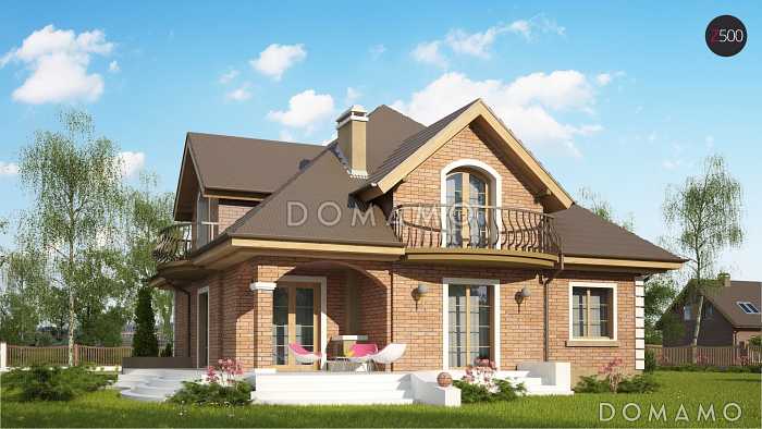 Проект одноэтажного мансардного дома из кирпича с кирпичной облицовкой с двумя балконами и барбекю на террасе