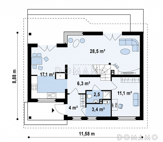 Проект одноэтажного мансардного дома из газобетона с тремя комнатами и кабинетом / План 1 этажа