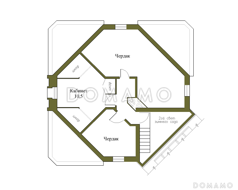 Проект коттеджа с подвалом и зимним садом из кирпича / План мансардного этажа