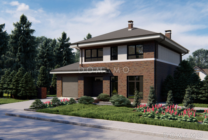 Проект двухэтажного дома с кухней с выходом на террасу и в гараж, кабинетом