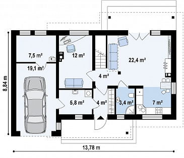 Проект компактного одноэтажного мансардного дома из газобетона с кабинетом, тремя спальнями и открытой террасой над гаражом / План 1 этажа