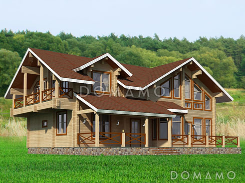 Проект двухэтажного дома из клееного бруса со вторым светом над кухней и просторной гостиной