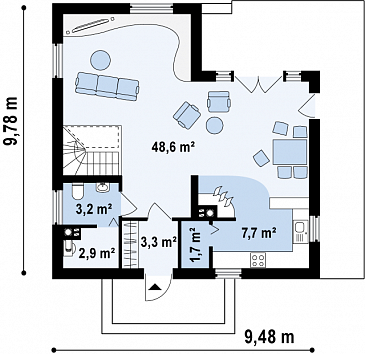 Проект одноэтажного мансардного дома современного дизайна из кирпича с тремя спальнями / План 1 этажа