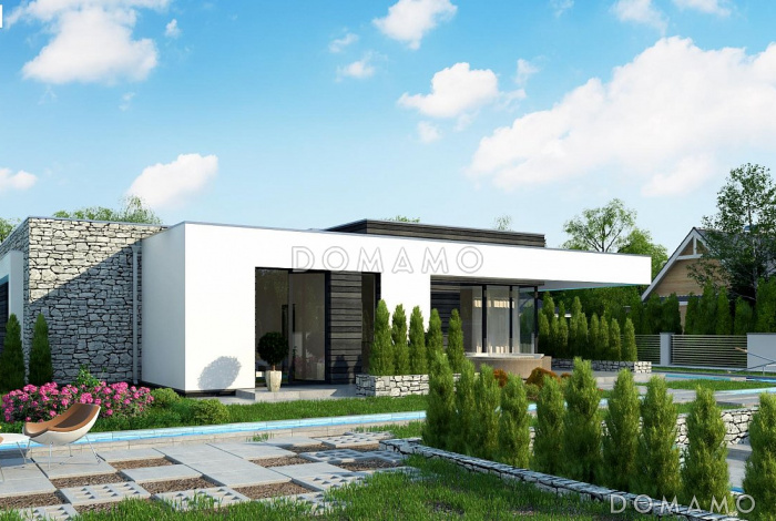 Проект современного одноэтажного дома из кирпича с плоской крышей, с тремя спальнями, кабинетом и внутренним двориком