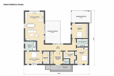Проект дома из газобетона с просторной кухней-гостиной, террасами, мастер-спальней и хозблоком / План 1 этажа