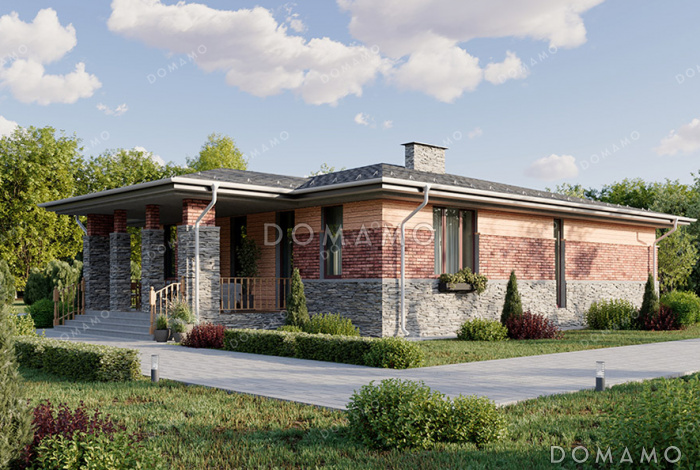 Проект одноэтажного дома средних размеров с 4 спальнями и небольшой террасой