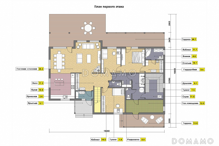 Проект каркасного дома с просторным холлом на мансардном этаже / План 1 этажа