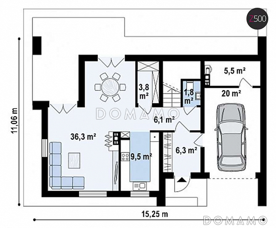Проект одноэтажного мансардного дома из газобетона в современном стиле, с гаражом и террасой над ним / План 1 этажа