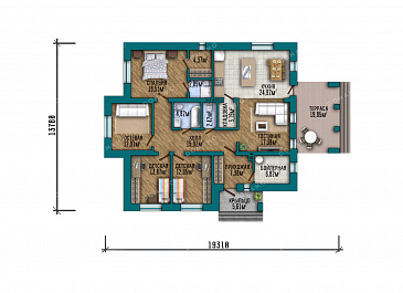 Проект одноэтажного дома средних размеров с 4 спальнями и небольшой террасой / План 1 этажа