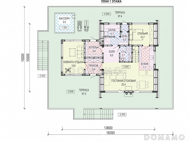 Дом A-frame с обходной террасой и бассейном / План 1 этажа