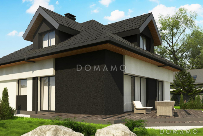 Проект комфортабельного дома с гаражом, постирочной, слуховыми и мансардными окнами в мансарде