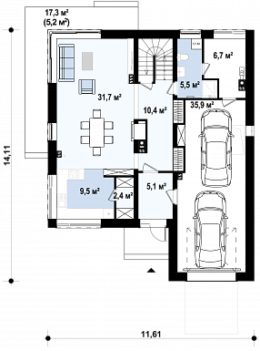 Проект двухэтажного дома из газобетона с 4 спальнями, подвалом и гаражом на 2 автомобиля / План 1 этажа