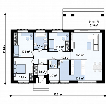 Проект загородного дома с просторной кладовой на кухне, террасой, ванной с окном / План 1 этажа