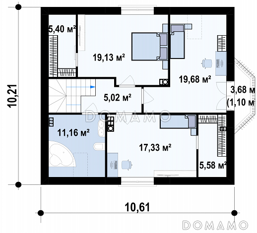 Проект комфортного дома с эркером в гостиной, кабинетом, балконом  в комнате на мансарде / План мансардного этажа