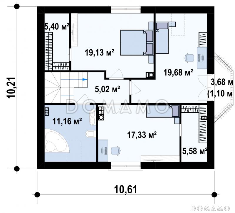 Проект комфортного дома с эркером в гостиной, кабинетом, балконом  в комнате на мансарде / План мансардного этажа