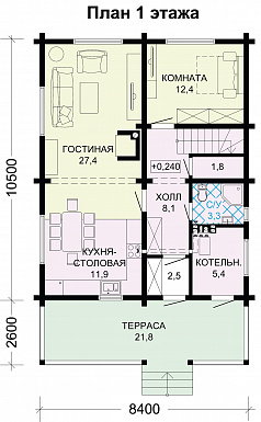 Проект современного дома из бруса с мансардой / План 1 этажа