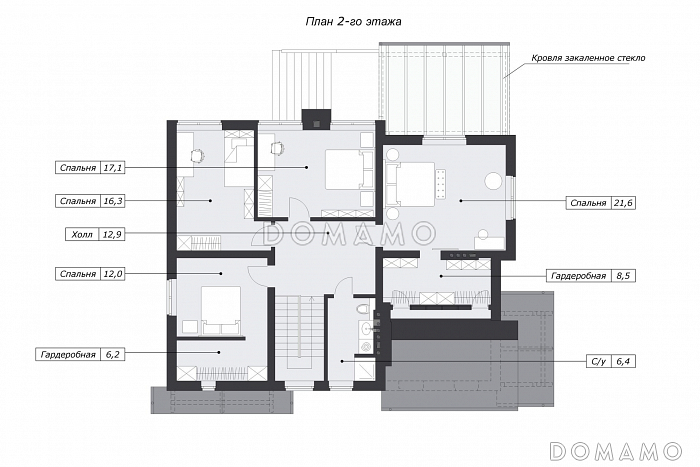 Проект дома в деревенском стиле с 5 спальнями, сауной и верандой с панорамными окнами / План мансардного этажа
