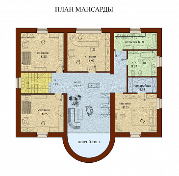Проект двухэтажного дома с мансардой, с гаражом, с сауной, бассейном и вторым светом  / План мансардного этажа
