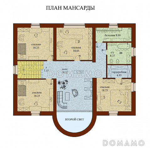 Проект двухэтажного дома с мансардой, с гаражом, с сауной, бассейном и вторым светом  / План мансардного этажа