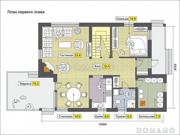 Проект загородного дома с открытой террасой, небольшой кухонной зоной, вторым светом, балконом и лоджией / План 1 этажа