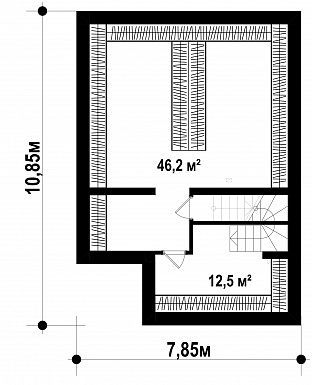 Проект загородного дома с подвалом, вытянутой кухней с кладовой, светлыми спальнями на втором этаже / План цокольного этажа