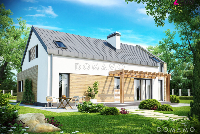 Проект современного мансардного дома из газобетона с пятью комнатами и гаражом