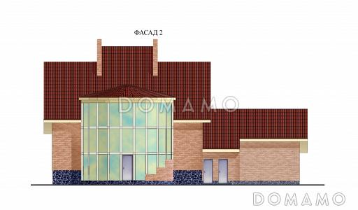 Проект одноэтажного дома с мансардой, цоколем и чердаком, со стеклянным эркером / Фасад 2