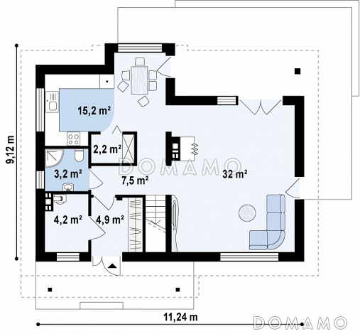 Проект классического мансардного дома из газобетона с современными элементами архитектуры / План 1 этажа
