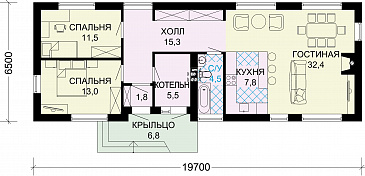 Проект одноэтажного дома по технологии ЛСТК с большими окнами в гостиной / План 1 этажа